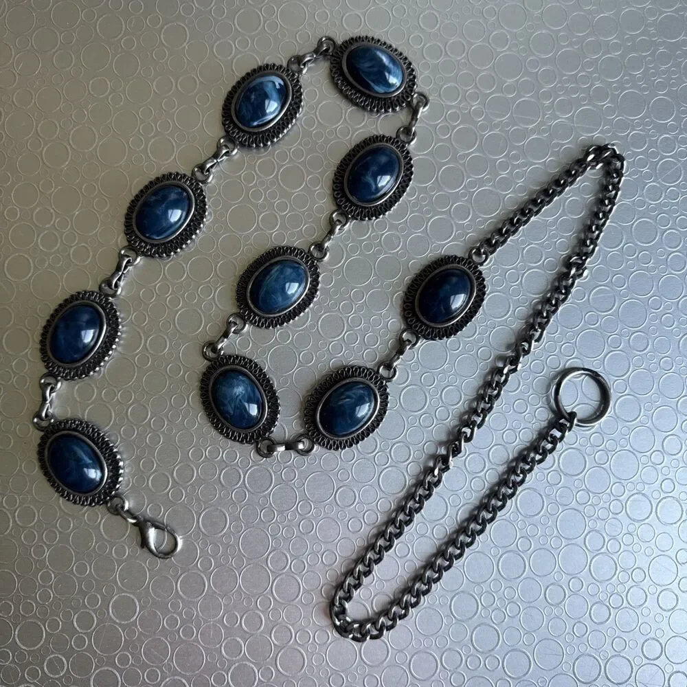Vintage Silver Western Concho Chain Belt O/S Blue Faux Stone Cabochon Adjustable